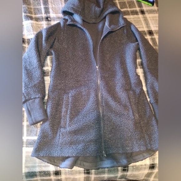 🆕 Lands' End | Cozy Boucle Fleece Coat with Hood Charcoal Grey Size Medium - Picture 2 of 9